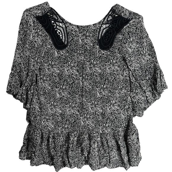 Volcom Mini Dress Size M Black White Lace Insert Deep Scoop Back Bell Sleeves - Picture 1 of 9